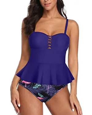 Vintage Peplum Swim Top With High Waisted Swim Bottom 2 Piece Tankini-Blue Flamingo