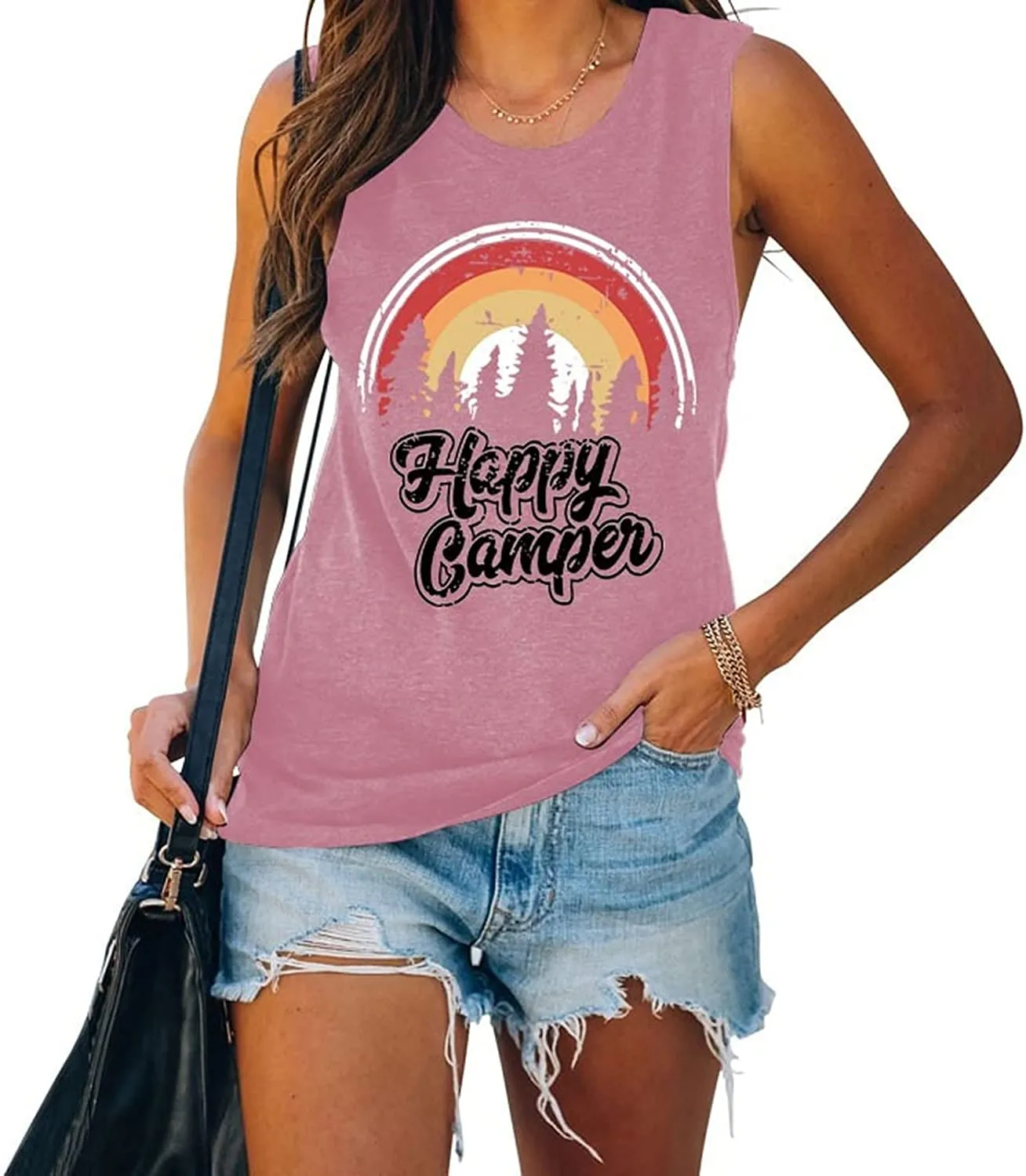 Women Happy Camper Tank Tops Camping Adventure Nature Lover Shirt