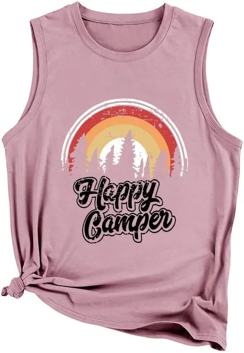 Women Happy Camper Tank Tops Camping Adventure Nature Lover Shirt