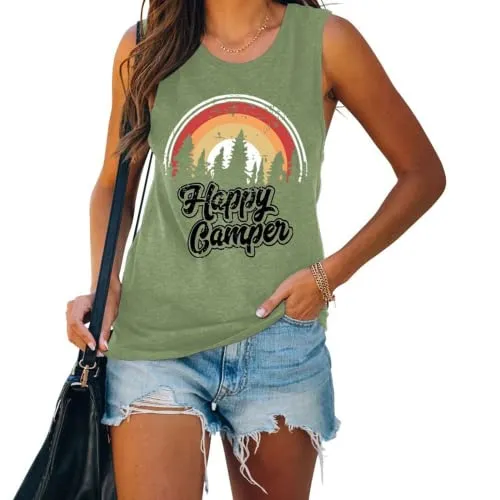 Women Happy Camper Tank Tops Camping Adventure Nature Lover Shirt