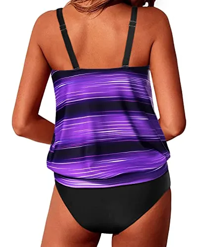 Women's Flattering Blouson Style Tankini Swimsuits-Purple Stripe