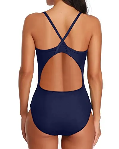 Women's Modest Full Coverage Sporty Swimsuits-Navy Blue