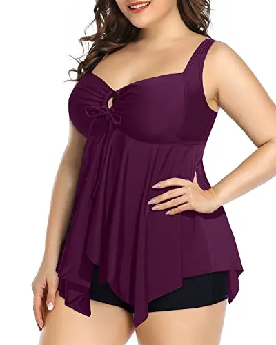 Women's Plus Size Tankini Top With Shorts Swimsuits-Maroon