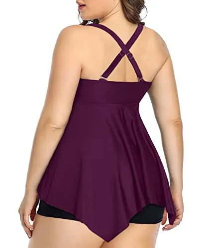 Women's Plus Size Tankini Top With Shorts Swimsuits-Maroon